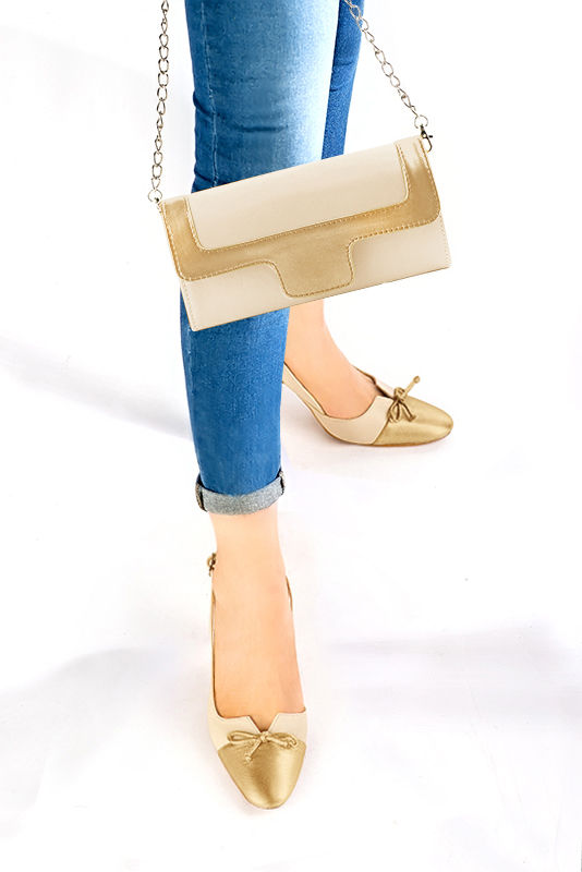 Dress clutch for wedding and parties in champagne white and gold leather - Worn view